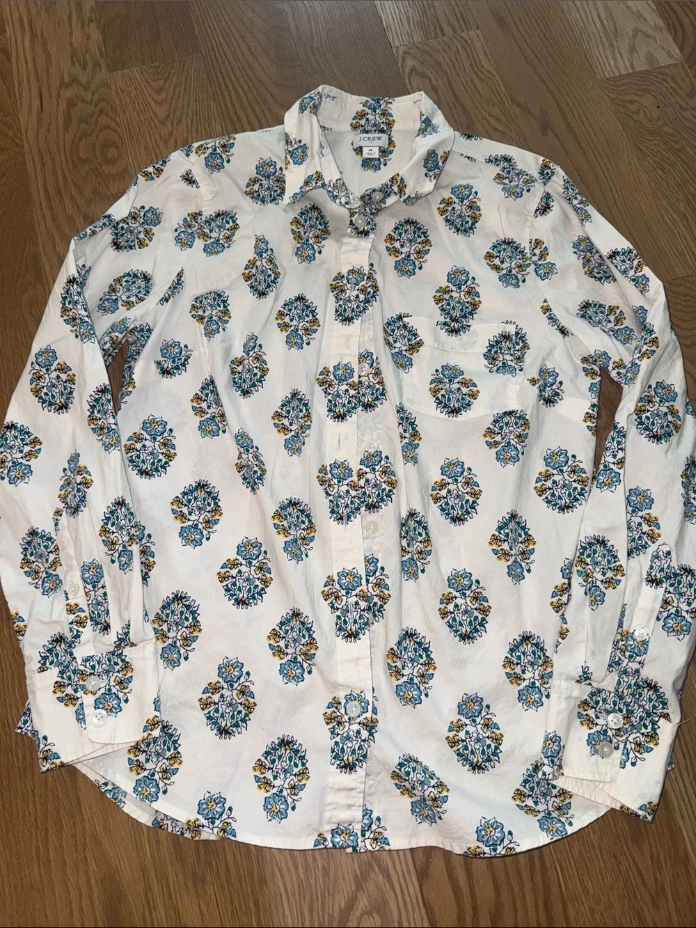 J. Crew Cream Button-Down Shirt with Blue Floral Motif